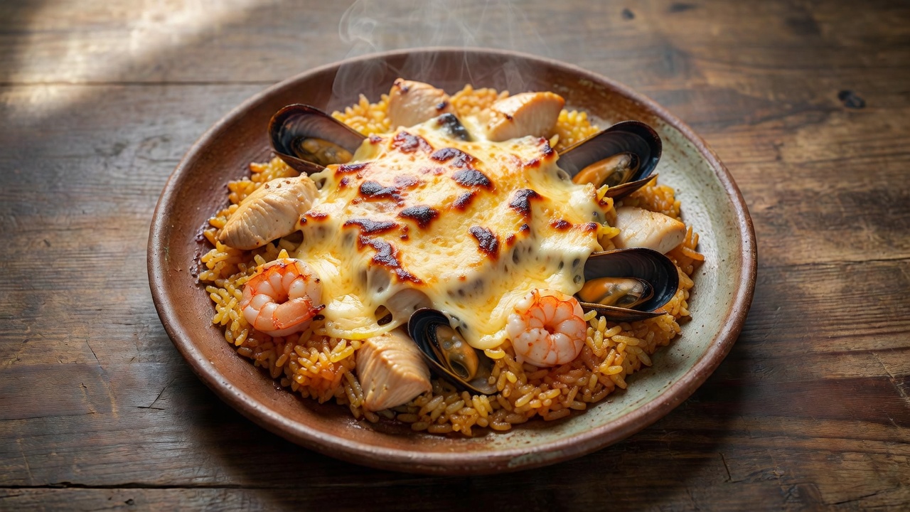 Arroz con pollo y mariscos gratinado