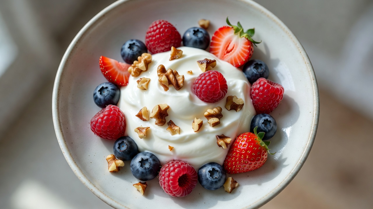 Bowl de yogur griego con nueces y frutos rojos