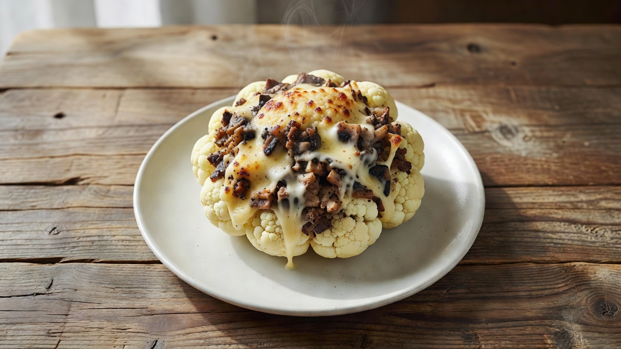 Coliflor rellena vegetariana con champiñones y queso