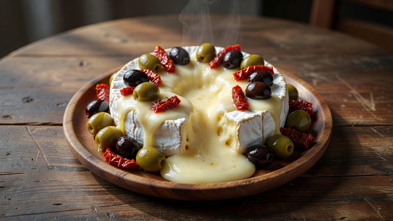 Fuente de camembert con olivas y tomates secos