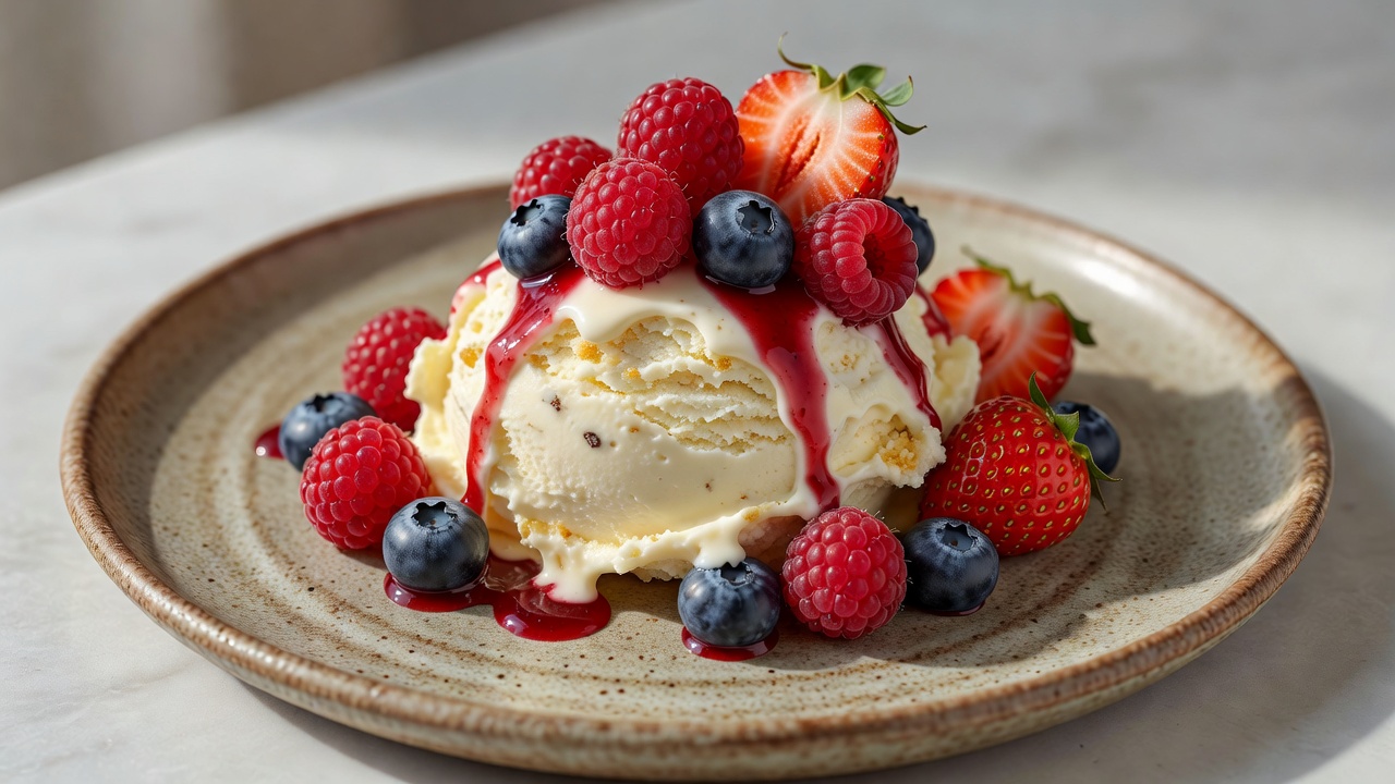 Helado de cheesecake y frutos rojos