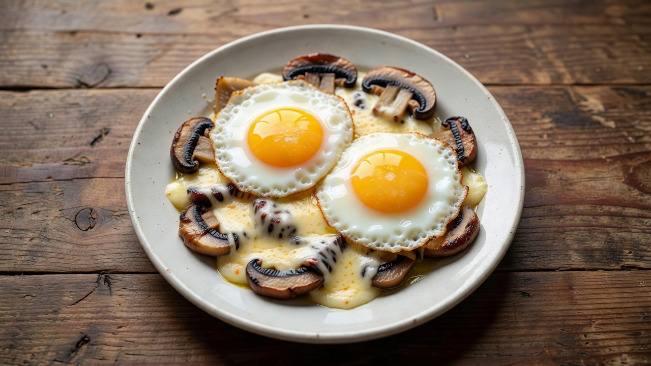 Huevos al plato con champiñones y queso