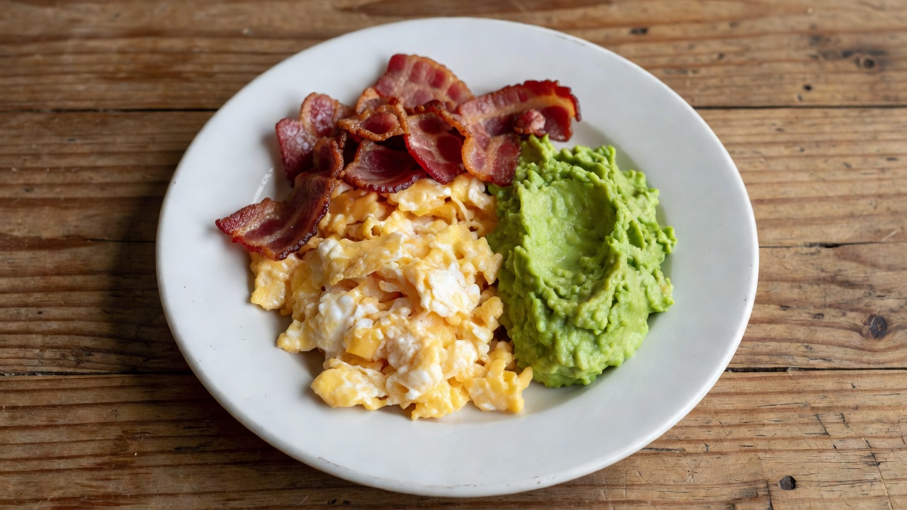 Huevos revueltos con palta y tocino