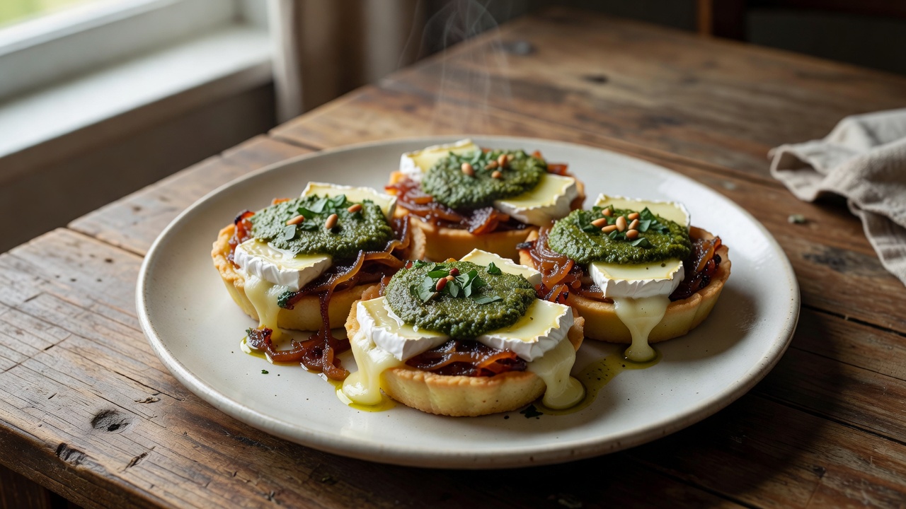 Mini tartas de papa con pesto, cebolla caramelizada y queso brie