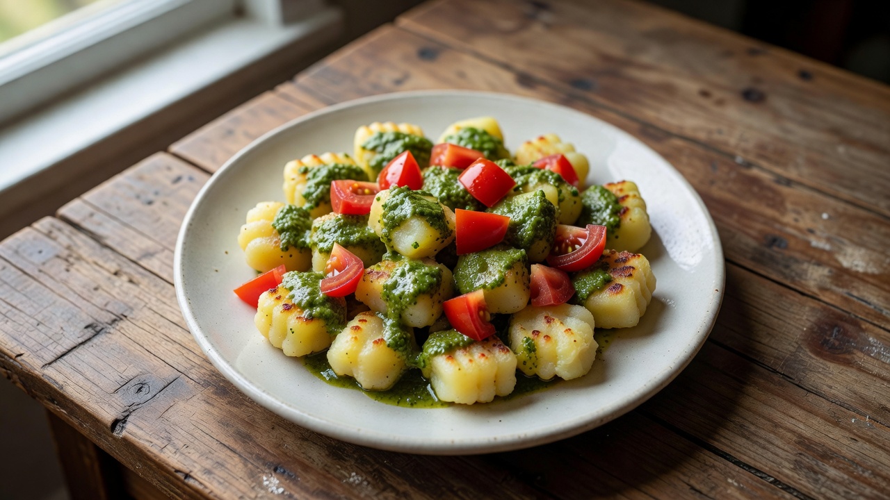 Ñoquis de papa con pesto y tomate