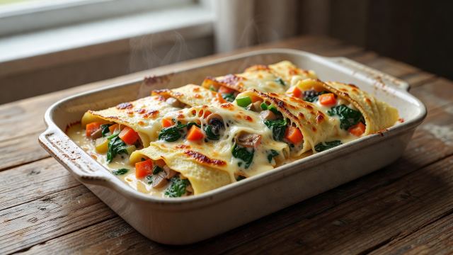 Panqueque relleno con verduras salteadas con crema