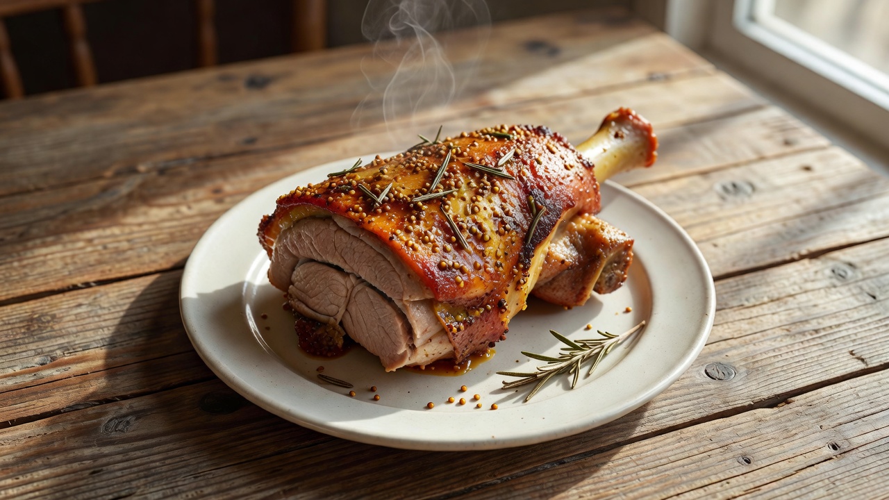 Pierna de cerdo al horno con mostaza y romero