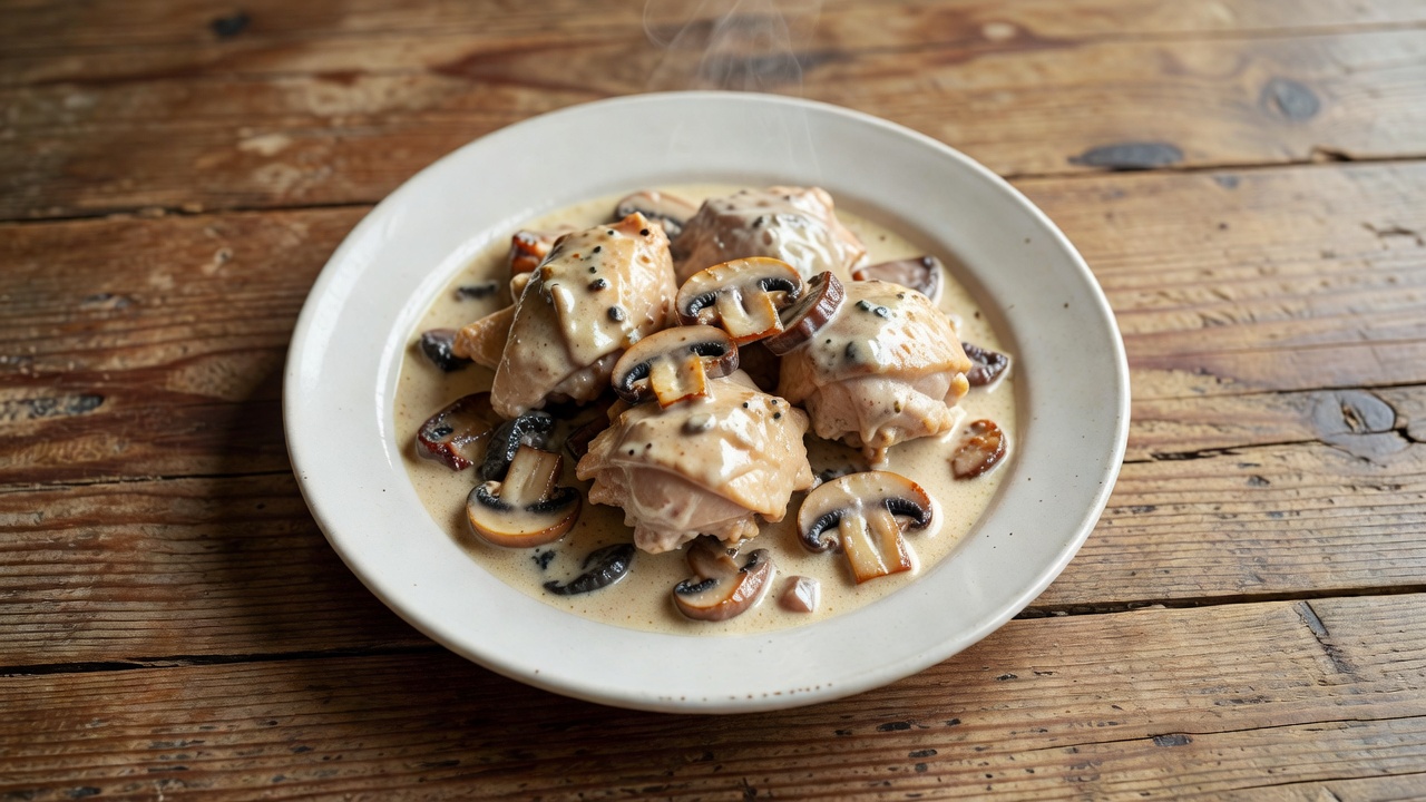 Pollo al jugo con champiñones y crema