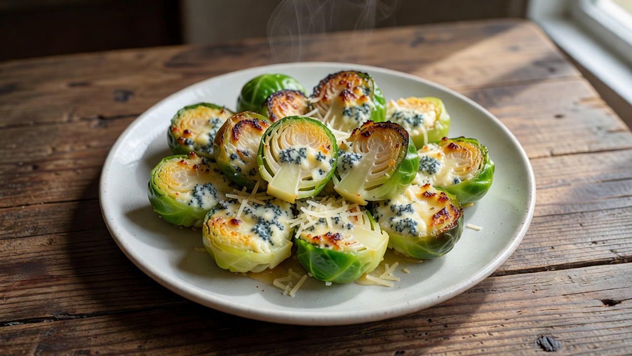 Repollitos de Bruselas rellenos con quesos roquefort y parmesano