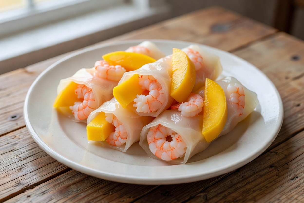 Rollitos de masa de arroz con camarón y mango