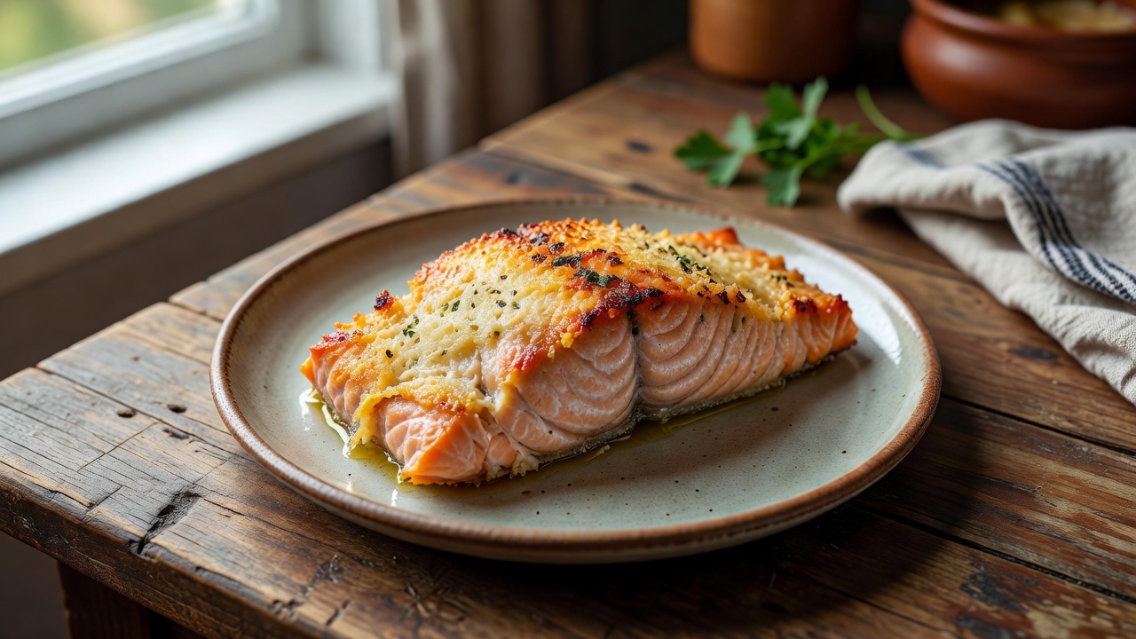 Salmón al horno con costra de parmesano