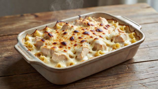 Tallarines con pollo gratinado